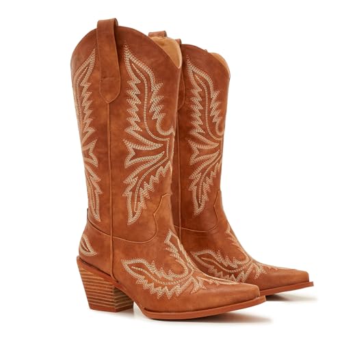 Image of Cowboy Boots for Women - Embroidered Western Cowgirl Boots with Fashion Snip Toe, 1.75-Inch Low Block Heel and All-Day Comfort Fit