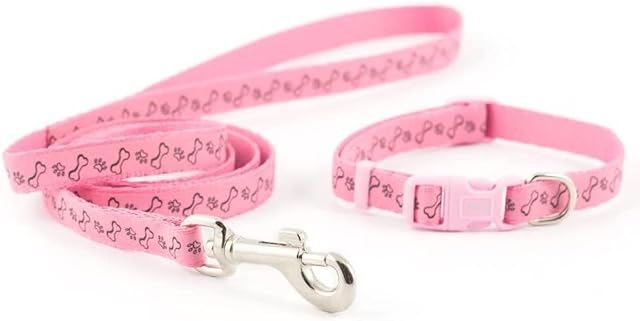 Ancol Small Bite Refl Paw&Bone Collar( adjusts 20-30cm) & Lead ( 1m x 10mm) Set Pink