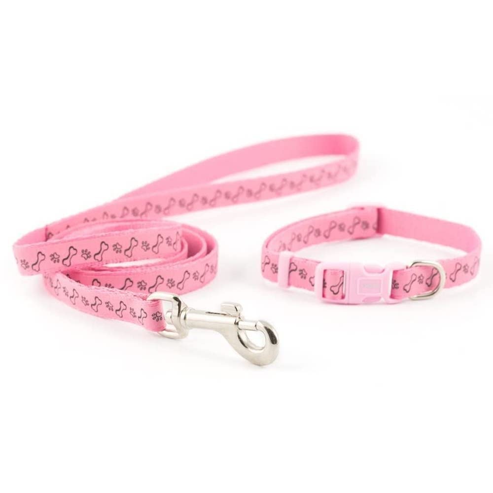 Ancol Small Bite Refl Paw&Bone Collar( adjusts 20-30cm) & Lead ( 1m x 10mm) Set Pink