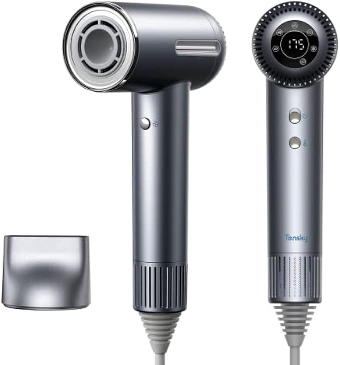 Hair Dryer, Tensky Blow Dryer, Ionic Hairdryer with Magnetic Nozzle, Professional Ions Dryer with 110, 000 RPM Brushless Motor, HD Display for Home, Travel, Self Cleaning (Premium Grey)