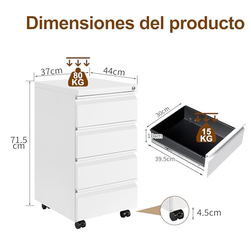 HOMSTEEL Cajonera móvil, Archivador Metálico con Cerradura, 4 Llaves, 4 Cajones, Premontado, para Oficina, Oficina en Casa, Blanco - imagen 3