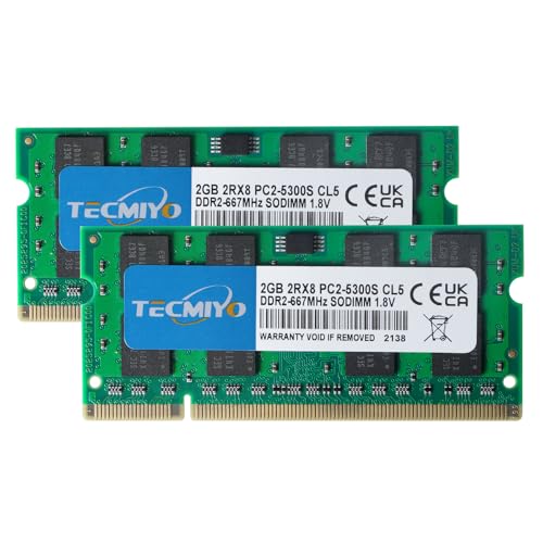 TECMIYO 4GB Kit (2x2GB) DDR2 Sodimm 667Mhz PC2-5300 PC2-5300S Non ECC Unbuffered 1.8V CL5 2RX8 Dual Rank 200 Pin Laptop Notebook Computer Memory Ram Module