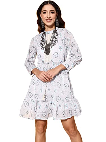 Image of ishin Women's Mini Cotton Blend Embellished A-Line Tiered Dress