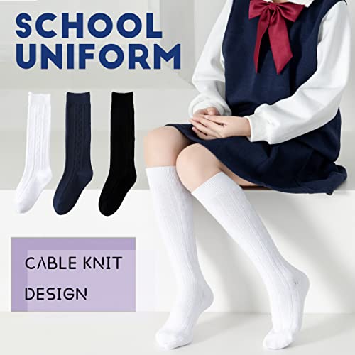 Marchare Girls Knee High Socks Kids Boys School Uniform Seamless Cable Knit Cotton Socks Stockings White Black Navy 3/6 Pack2