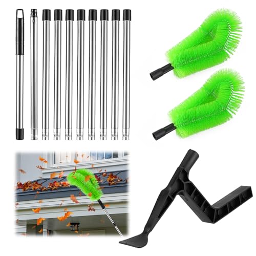 Nettoyeur de gouttière 2 en 1 de 390 cm, avec brosse et cuillère de nettoyage, télescopique réglable, avec long manche, idéal pour le nettoyage des gouttières, le nettoyage des gouttières