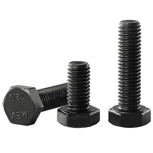 Image of M10x1.5 x 50mm Hex Head Screws Bolts, 12.9 Grade Alloy Steel, Hexagon Head Bolts, Black Oxide Finish, Full Thread, Quantity 10