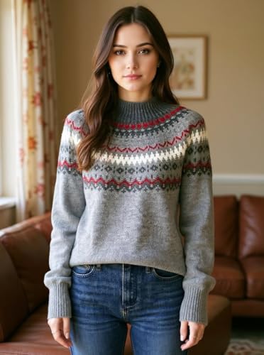 Women's Vintage Warmth Fair Isle Floral Pullover Knit Sweater Fall Winter Casual Long Sleeve Crew Neck Sweatshirt Top2