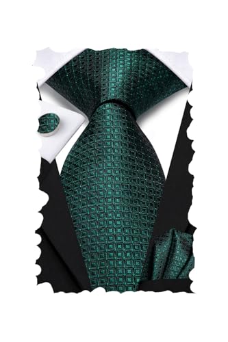 Image of Hi-Tie Mens Plaid Ties Classic Paisley Necktie with Handkerchief Cufflinks Set Business Stripe Tie,Dark Green