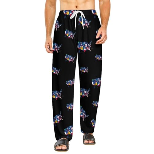 Flag Map of U.S. States And Territories Men's Pajama Pants Lightweight Pjs Bottoms Sleep Lounge Pant with Pocket Drawstring