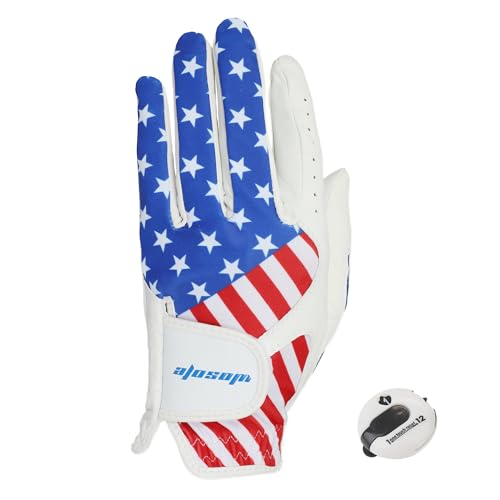 wosofe Golf Gloves Men's Left Hand Cabretta Leather with Score Counter USA Flag Lycra Fiber White Adjustable Strap Breathable Comfortable Weathersof