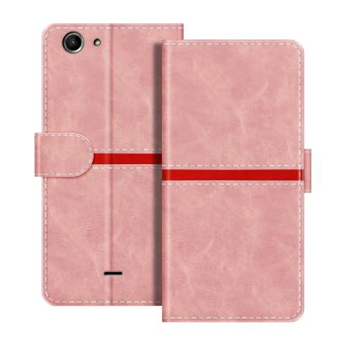 ESACMOT Étui Portefeuille Cuir Compatible avec Wiko Pulp 4G Design Rayures Horizontales Coque Flip Protectrice Fente Carte Fermeture Magnétique (Rose)