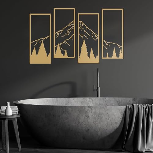 ruelen 4 Pcs Metal Mountain and Forest Wall Decor Line Drawing Wall Art Abstract Minimalist Wall Decor Rustic Nature Home Wall Art Sculpture for Home Office Bedroom Bathroom Living Room (Gold