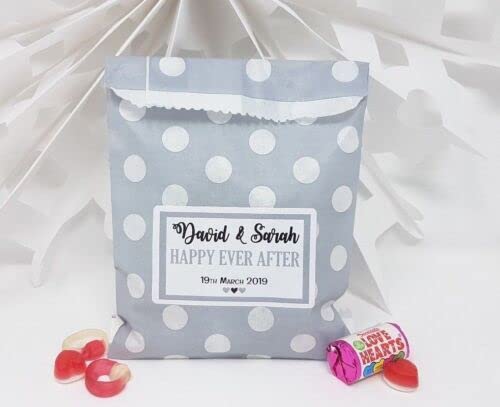 Treasured Forever Personalised Wedding Favour Sweet Bags Birthday Candy Cart Striped Polka Dots | Grey Polka Dots - Personalised Text | 100