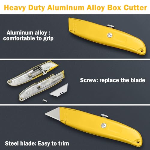 Image of Lasnten 12 Pcs Box Cutter Bulk Retractable Utility Knife Heavy Duty Aluminum Alloy Carpet Knife Package Opener Cutter Blade for Cardboard Plastics Cartons DIY Home Warehouse Office(Yellow)