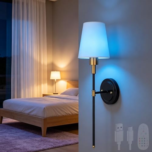 Lámpara de pared LED recargable USB con mando y pantalla de hierro retro negro y oro