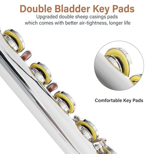 Mendini by Cecilio Silver Plated Open Hole C Flute with Italian Pads, Stand, Pocketbook and Deluxe Case, MFE-22S