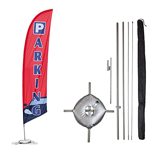 Vispronet Parking Feather Flag Kit - 13.5ft Knitted Polyester Swooper Flag with Pole Set, Ground Spike, Cross Base and Weight Bag - Printed in the USA
