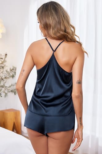 Ekouaer Pajamas Womens Sexy Lingerie Satin Sleepwear Silk Cami Shorts Set Soft Sleep Pjs 2 Piece Nightwear Gift