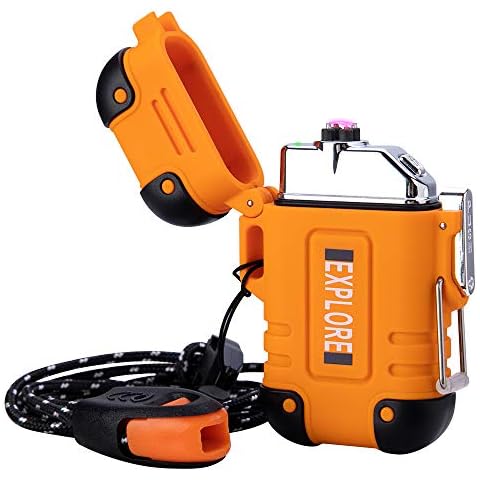 LcFun Plasma Lighter Waterproof Windproof Arc Lighter USB Rechargeable Electric Lighters with Emergency Whistle for Hiking,Outdoor,Adventure,Survival Tactical (Orange) Cover