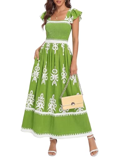 BTFBM Summer Dresses for Women 2026 Casual Floral Boho Sleeveless Square Neck A Line Flowy Beach Maxi Sundress Pockets(Green Flower, Medium)