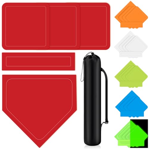 Hiboom 5 Pcs Baseball & Softball Base Set with Portable Carrying Bag 3 Throw Down Bases 1 Homeplate 1 Pitching Rubber for Kickball Softball Backyard Playground Practice Adults(Red)
