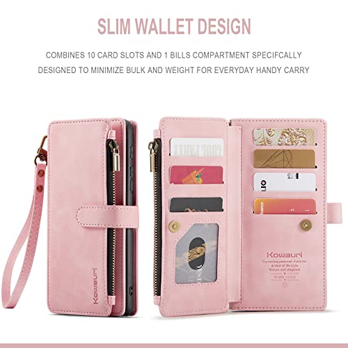 Kowauri Case For Google Pixel 7,Pu Leather Wallet Folio Flip Case Zipper Pocket Card Holder Slots Shockproof Protective Phone Case With Wrist Strap For Google Pixel 7 2022 (Pink) #TOP2