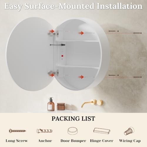 20 Inch Round Lighted Medicine Cabinet with Mirror, LED Medicine Cabinet with 3-Color Lights 2700K-6500K, Dimmable, Anti-Fog, USB Outlet, White Mirror Cabinet with Storage for Bathroom, Surface Mount - Image 9