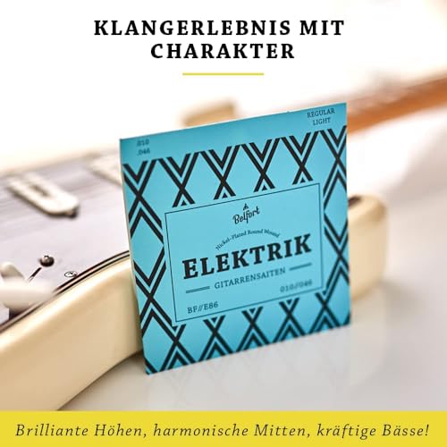 BELFORT E-Gitarren-Saiten - Erstklassige Nickel-Gitarrensaiten für E-Gitarre (6-Saiten-Set) inkl. 4 Plektren + Extra hohe E-Saite (Gitarre Saiten E-Gitarre, Electric Guitar Strings) E Gitarre Zubehör