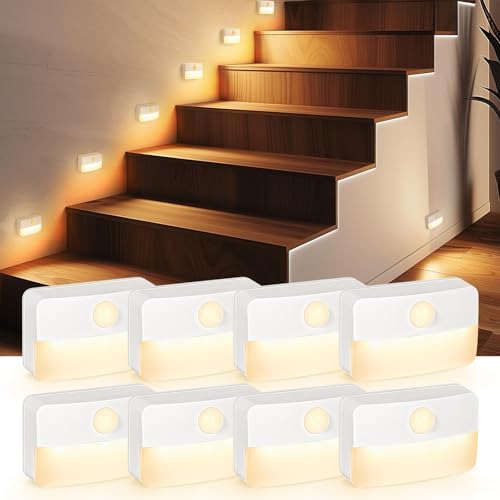 8 Pack Motion Sensor Stair Light for Indoor, Battery Operated Closet Lights, Wireless Stick on Anywhere Hallway Lamp, Portable Led Night Lamps for Bedroom Under Cabinet Kitchen, Always-On Sensor