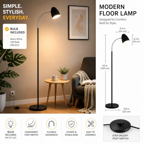 Image of Modern Arc Floor Lamp for Living Room, Bedroom & Reading Corner | Adjustable Gooseneck Standing Lamp with Metal Shade | Minimalist Black Floor Light | E27 LED Compatible