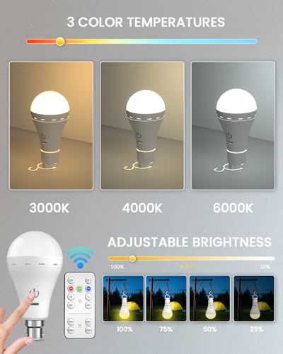 Image of Rechargeable Light Bulbs with Remote Control, 3 Color + 10%-100% Dimmable Battery Light Bulb, USB Rechargeable Light Bulb with Touch Control B22 A70 LED for Indoor /Outdoor /Camping(4 Pack)