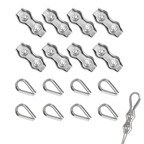Wire Clamp 16 PCS M4 Duplex Wire Rope Grips with Wire Rope Thimbles, Stainless Steel 4mm Wire Rope Clamp Fence Wire Connector for Wire Rope Cable for Clothesline Tensioner Awning Fixed