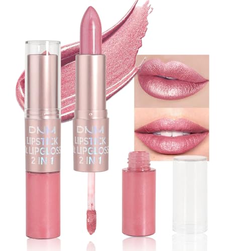 Image of evpct 2 in 1 Light Pink Glitter Metallic Shimmer Diamond Lipstick and Lip Gloss Set for Women Long Lasting Waterproof, Bright Rose Pink Sparkle Glitter Shiny Lipstick and Lip Liner Makeup set, 01#