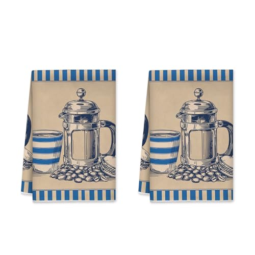 French Press Kitchen Towels Set of 2,Vintage Classic Cup Coffee Beans Navy Blue Drying Tea Towels Cooking Essentials 16X24 Inch (2Pcs)