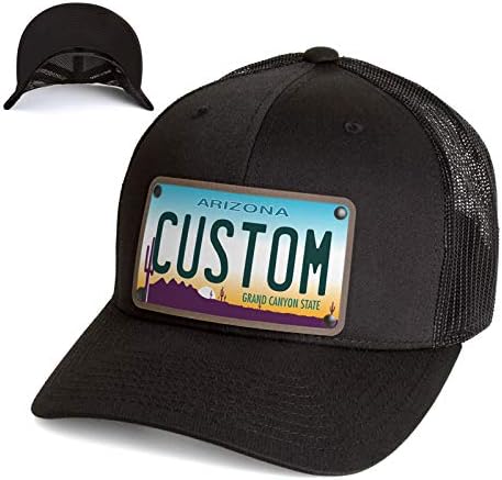Custom License Plate Snapback Trucker Hat Printed on Leather Patch.