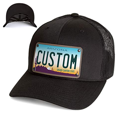 Custom Arizona 2018 License Plate Snapback Trucker Hat Printed on Leather Patch. Arizona 2018
