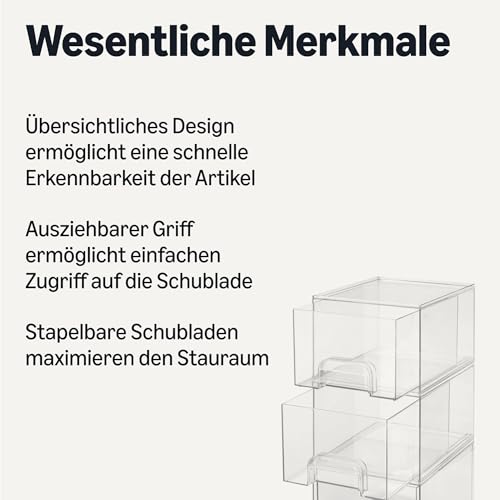 Amazon Basics Stapelbare Aufbewahrungsschubladen aus Kunststoff, Aufbewahrungsbox, Make-up-Organizer, Transparent, 19,1cm x 15,2cm x 11,4cm, 4er-Pack