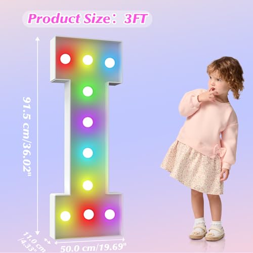 Image of 3FT Colorful Marquee Letters,18-Color Letter I with Remote Control Large Light Up Numbers Sign,Pre-Cut Foam Board Set for Party Decoration, Birthdays, Weddings, Graduations, Baby Anniversaries