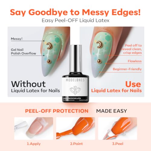 Image of modelones Gel Base Top Coat Set with Liquid Protective Latex for Nails | Suitable for beginners Peel Off Barrier & High Shine Clear Gel Nail Polish Long Lasting Soak Off U V Cure Manicure Kit