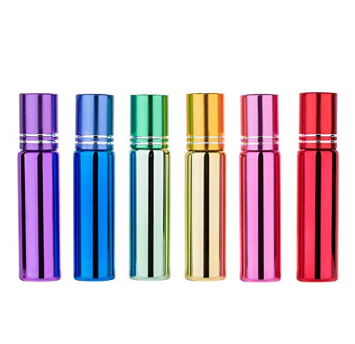 6Pcs 10ML 0.35OZ Refillable Glass Essential Oil Roll On Bottle Perfume Roller Bottle with Stainless Steel Roller Ball and Alloy Cap Cosmetic Container Jar Vial Tube for Aromatherapy(Colourful)