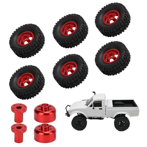 equlup 6Pcs RC Car Tires and Wheels with 24pcs Screws and Nuts, RC Soft Rubber Tires Tyre with Wheel Hub for WPL C14 C24 C34 C44 B14 B24 B16 B36 4WD Car Model (Red)