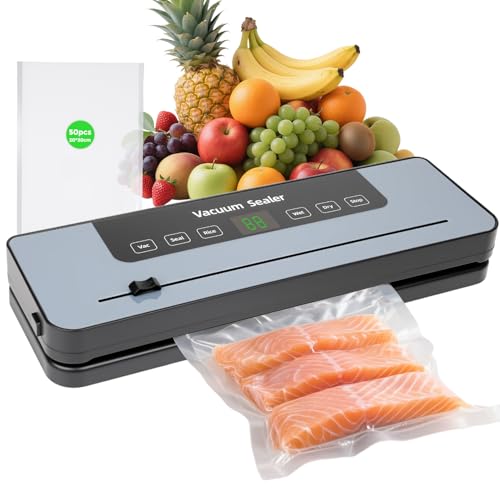 Großcat Envasadora al vacío, envasadora con 50 bolsas al vacío, selladora de film para alimentos con cortador y cuenta atrás digital para la conservación de alimentos en cocinas y restaurantes