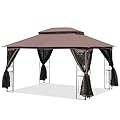 ECOTOUGE 10' X 13' Outdoor Gazebo, Soft Double Roof Canopy Tent with Mosquito Netting, Party Tent Shelter with Corner Frame Shelves for Patio, Backyard, Deck, Brown