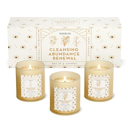 SEREBLISS Set of 3 Energy Cleansing & Manifestation Smudge Candles - Palo Santo, White Sage, Citronella - Candle Pack for Home with 45-50 Hour Burn - Soy Wax Aromatherapy Spiritual Gift Set