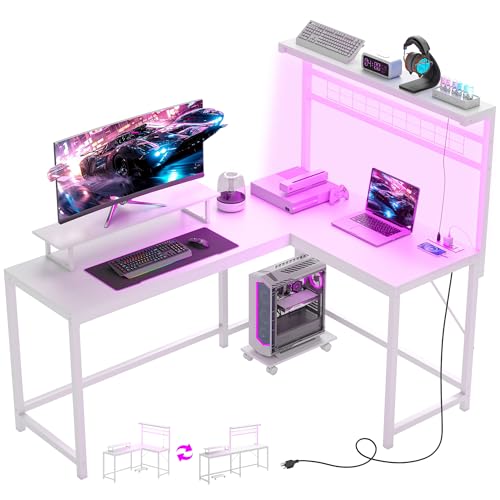 HOMCOM Gaming Desk 62" 2 Person L Shaped Desk, Power Outlets, LED, White