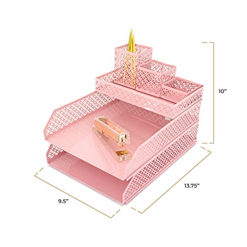 Blu Monaco Office Supplies Pink Desk Accessories For Women-6 Piece Interlocking Desk Organizer Set- Pen Cup, 3 Assorted Accessory Trays, 2 Letter Trays-Pink Room Decor For Women And Teen Girls #TOP5