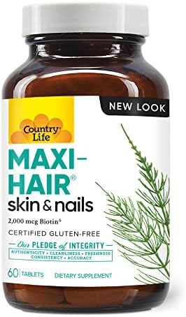 Country Life Maxi-Hair with 2000mcg of Biotin, Nourishes Hair, Skin and Nails 60 Tablets, Certified Gluten Free, Certified Vegetarian