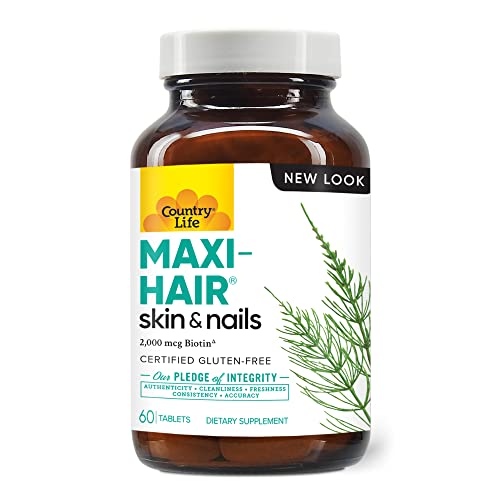 Country Life Maxi-Hair With 2000Mcg Of Biotin, Nourishes Hair, Skin And Nails 60 Tablets, Certified Gluten Free, Certified Vegetarian #TOP6