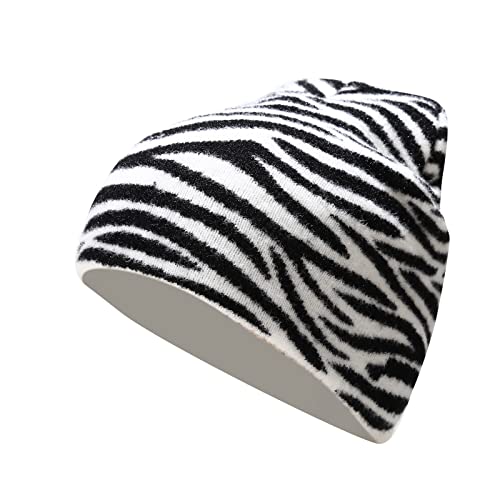 Zebra Print Beanie Hat Animal Pattern Skull Cap Double Layer Knitted Hats White