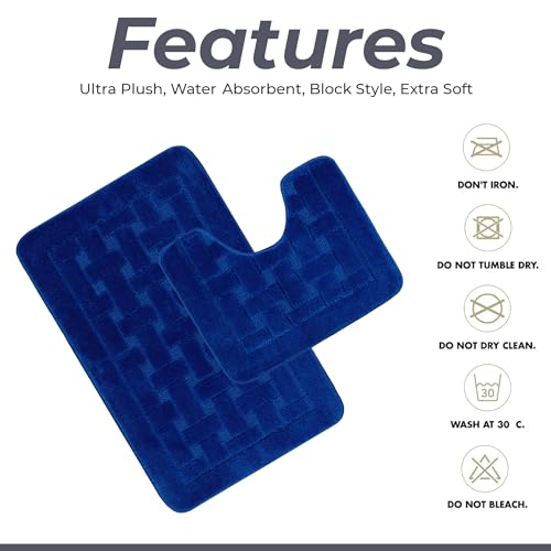 LS DECOR Luxury 2 Piece Block Bath Mat Set Non Slip Ultra Soft Bathroom Mats Water Absorbent Bath Mats Machine Washable Rug Toilet Mat for Bathroom Floor (BLUE) - Image 4